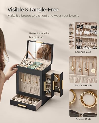 SONGMICS 5-Layer Jewelry Box with Glass Window, 3 Side Drawers - Image 5