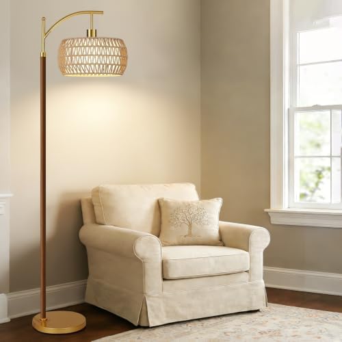 QIYIZM Boho Floor Lamp for Living Room,Bedroom,Rattan Standing Lamp with Remote Dimmable,Wood Vintage Mid Century Modern Gold Tall Lamp Wicker Lamp Shade Floor Lights Bohemian Tiffany Style - Image 7