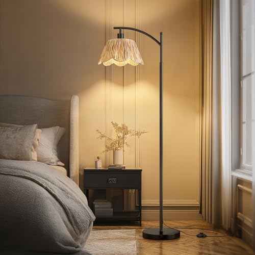 Oneach Boho Floor Lamp with 3 Color Temperatures, Farmhouse Floor Lamps for Living Room with Remote & Dimmable Bulb, Rattan Floor Lamp for Bedroom, Black - Image 3