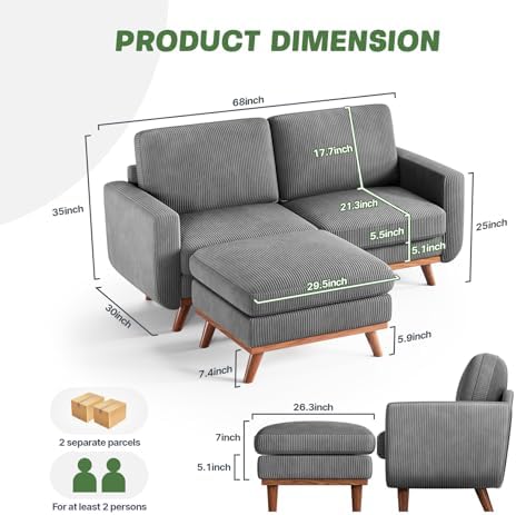 Vesgantti 68" Loveseat Sofa with Movable Ottoman, Comfy Corduroy Couch with Spring Cushion, Sofa Couch with Solid Wood, Modern Office Sofa with Deep Seat for Living Room and Bedroom, Dark Gray - Image 2