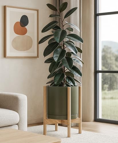 D'vine Dev Ceramic Pot with Natural Wood Stand, Olive, 12 in, 55-B-J-J - Image 2