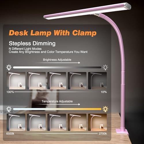 Airlonv LED Desk Lamp with Clamp, 17" Stepless Dimming Light (Pink) - Image 2