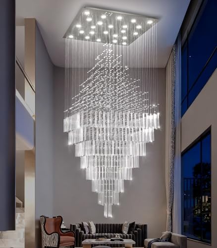 HAIXIANG W47 x H120 Luxury Crystal Chandelier with LED Bulbs Glam Raindrop High Ceiling Square Light Chandeliers for Entrance Large Villa Foyer Living Room Lighting Fixtures Silver - Image 3