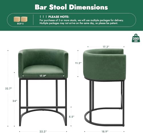 Counter Height Bar Stools for Kitchen Island, Modern Counter Stools for Dining Room, 24 Inch Seat Height Barstools with Metal Legs, Faux Leather Bar Stool with Back Footrest, Green - Image 3