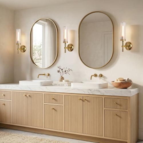 15" 2 Pc Knurled Brass Bathroom Wall Sconces,Frosted Glass Tube Brass Sconces Wall Lighting,Handmade Modern Hardwired Wall Sconce for Vanity,Mirror,Bedroom,Living Room,Hallway - Image 4