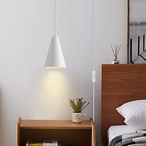 White Plug In Pendant Lights Kitchen Island,Dining Room Light Fixtures Over Table 1 Pack with Cone Metal Shade, Modern Farmhouse Mini Chandeliers with Cord On/Off Switch Hanging Lighting for Sink - Image 2
