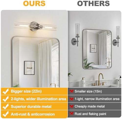 Indoi Brushed Nickel Wall Sconces, Hardwired Bathroom Sconces Vanity Light with Clear Glass, Modern Bathroom Vanity Lights fixtures for Mirror Bedroom Living Room Hallway Kitchen - Image 2