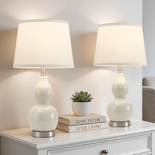 GyroVu 22" Table Lamp Set of 2, Color Temperature Adjustable Double Gourd Ceramic Lamps Classic Nightstand Table Lamps for Bedroom Beside Lamps for Living Room, Cream-Bulbs Included - Image 4