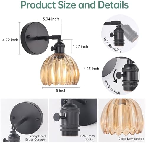 Shenmoyl Vintage Wall Sconce with Amber Tulip Glass Lampshade 180 Degree Adjustable Black Sconce Hradwired Modern Wall Lighting Fixture with Switch for Bedside Bedroom Doorway - Image 6
