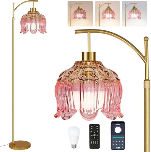 ILLMTW Pink Floor Lamp for Living Room,Bedroom,Glass Mid Century Modern Standing Lamp with Remote,Dimmable Gold Brass Tall Lamp Tulip Flower Arc Floor Light Boho Bohemian by IlluminateTheWorld