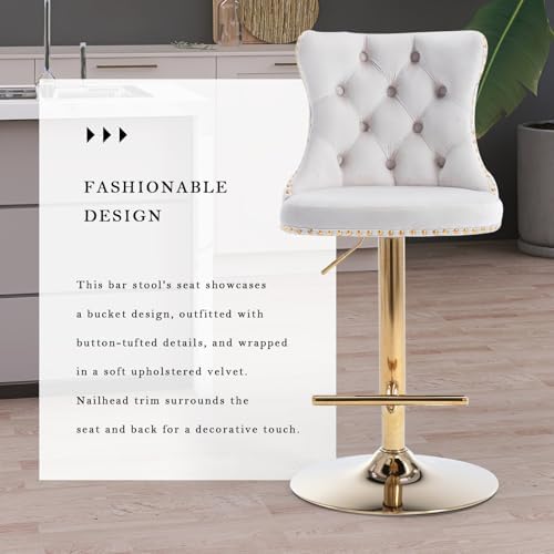 SoarFlash Velvet Bar Stool Set of 6, Adjustable Swivel Bar Stools with Gold Plated Metal Leg, Button Tufted, Footrest, Chrome Nailhead, Counter Height Chair for Kitchen, Bar, Dining Room (Beige) - Image 5