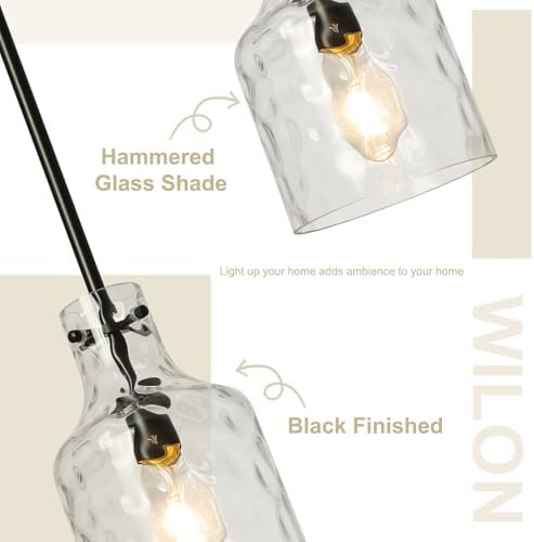 WILON Industrial Glass Pendant Lights for Kitchen Island, Modern Black Pandent Light Fixture 7" Hammered Glass Shade Farmhouse Pendant Lights Adjustable Rod Hanging Light for Kitchen Sink Dining Room - Image 6