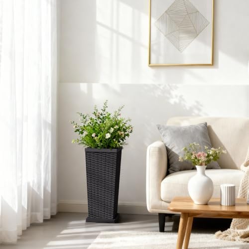 Set of 2 24 Inch Tall Plastic Planters with Drainage Saucers, Black - Image 2