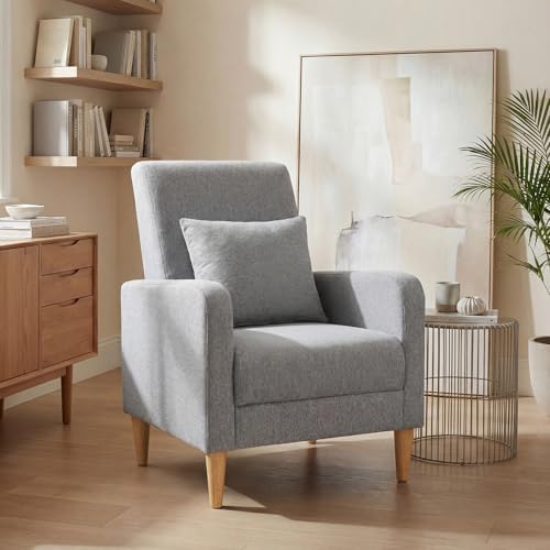 COLAMY Mid-Century Modern Accent Chair, Fabric Upholstered Living Room Chair with Back Pillow & Solid Wood Legs, Comfy Armchair for Living Room, Bedroom, Single Sofa, Grey by COLAMYHOME