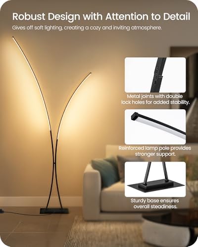 Modern 85.4" Arc Floor Lamp for Living Room, 2 Lights Arched Standing Tall Lamp with Remote, X-Shaped Bright Curved Lamp, Dimmable LED Corner Light for Bedroom, Office, Black, B61LD05W1 - Image 6