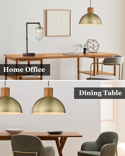 ELYONA Vintage Pendant Light Fixtures, 12” Brushed Brass Hammered Metal & Rubber Wood Industrial Dome Hanging Lamp, Antique Gold Kitchen Pendant Light for Island, Farmhouse, Sink, Dining Room, Hallway - Image 6