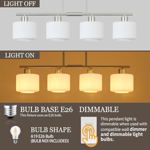 4-Light Brushed Nickel Kitchen Island Lighting, Modern Linear Dining Room Chandelier Light Fixtures with Milk Glass and Chain, Mid Century Hanging Lights for Kitchen Island, OS-YQ8153-4ISBNW - Image 4