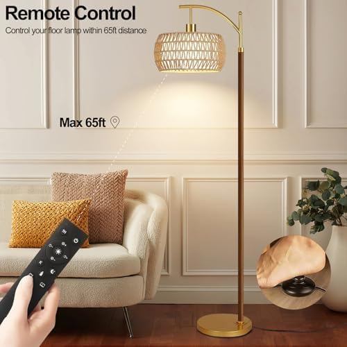 QIYIZM Boho Floor Lamp for Living Room,Bedroom,Rattan Standing Lamp with Remote Dimmable,Wood Vintage Mid Century Modern Gold Tall Lamp Wicker Lamp Shade Floor Lights Bohemian Tiffany Style - Image 3