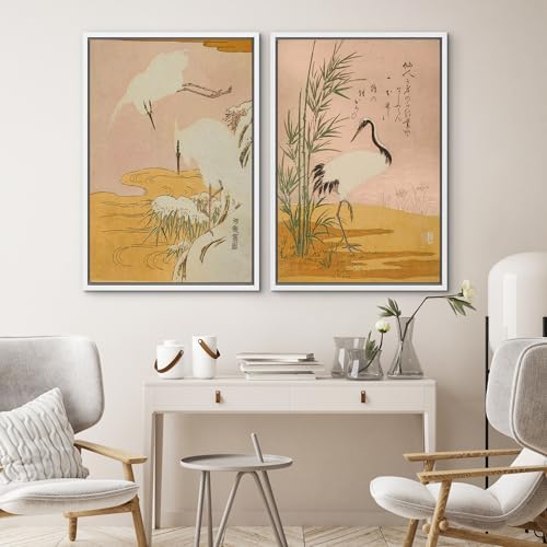 SIGNWIN Framed Canvas Print Wall Art Set Japanese Crane Vintage Style Bird and Bamboo Illustrations Modern Art Rustic Minimal for Living Room, Bedroom, Office - 24"" x36 x2 White - Image 4