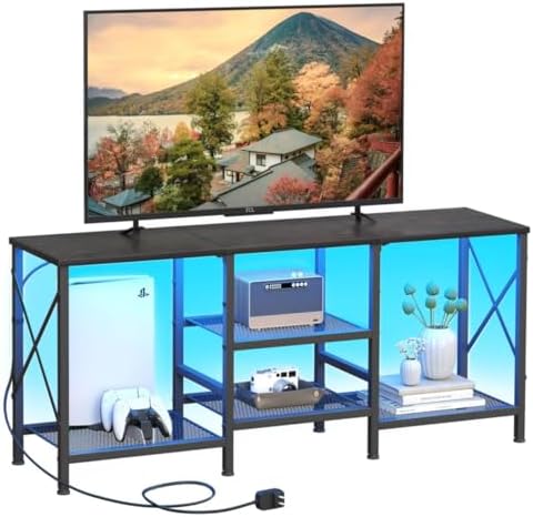 JARHETUN TV Stand with LED Lights for 55 Inch TV, Entertainment Center with 3-Tier Open Shelves, TV Console Table for Living Room, Bedroom, Black by JARHETUN