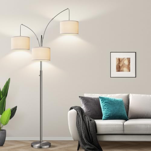 Dimmable Floor Lamp, 3 Lights Sliver Arc Floor Lamp, Modern Tall Standing Tree Lamp with White Linen Shades & Heavy Base, 3000LM LED Bulbs, Bright Lighting for Living Room, Bedroom, Office & Reading - Image 7