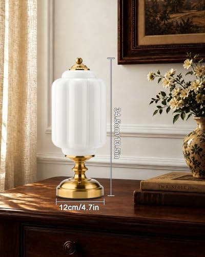 UMEXUS Vintage Cordless Rechargeable Table Lamp, Antique Brass, White Glass - Image 3