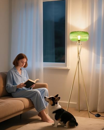 Lightdot Glass Tripod Floor Lamp for Living Room, Modern Gold Standing Lamp with Green Ribbed Glass Lampshade, Arc Tall Lamp for Bedroom Office Reading Room/Sofa Beside/Corner Decor (Bulb Included) by LightdotLighting
