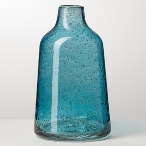 Torre & Tagus 10 Inch Tall Blue Glass Vase with Gold Flakes, Mouth Blown Glass Vase Blue Flower Vase Centerpieces, Watertight for Hydroponic Plants, Coastal Decor Accents (Marina) by TorreTagusHome