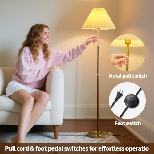 Pleated Lampshade Tall Floor Lamp for Living Room Corner Bedroom Bedside Office, Brown Pole Lamp, Bright 12W Dimming Reading Light, Modern Cute Unique Retro Standing lamp,Farmhouse Vintage Home Decor - Image 5