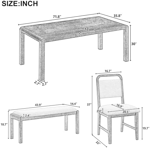VilroCaz Vintage Extendable Dining Table Set for 4-6 with 4 Upholstered Chairs and 1 Bench, Rustic Wire Brushed Kitchen Table Set with Curved Design for Dining Room and Kitchen (Natural-1.9N) - Image 4