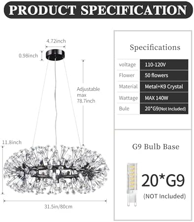 Modern Firework Chandelier, Farmhouse Black Crystal Round Dandelion Sputnik Chandeliers, 31.5" Contemporary 20-Light Pendant Hanging Lighting for Dining Room Kitchen Bedroom Living Room - Image 6