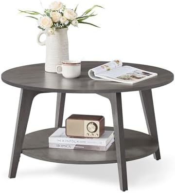 VASAGLE Round Coffee Table, 2-Tier Center Table with Storage, Tapered Legs by VASAGLEbySONGMICSHOME