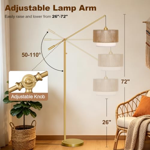 【Upgraded】Boho Dimmable Floor Lamps with Adjustable Swing Arm, 1100 Lumens Bulb Included, Modern Standing Lamp with Rattan & Fabric Shades, Farmhouse Tall Arc Floor Lamp for Living Room Bedroom, Gold - Image 4