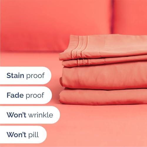 Queen Size 4 Piece Sheet Set - Comfy Breathable & Cooling Sheets - Coral - Image 5