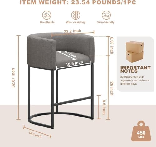 26" H Counter Height Bar Stools Set of 3, Modern Barrel Counter Stools with Backrest and Arms, Linen Fabric Upholstered Accent Barstools for Kitchen Island,Support 450 LBS (Gray) - Image 2