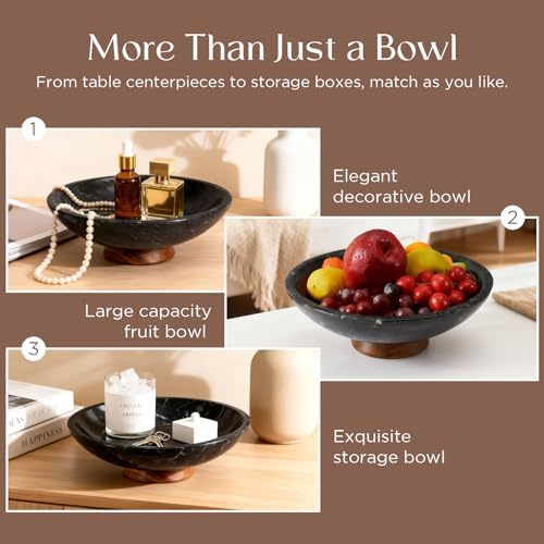 SAMAH Black Marble Fruit Bowl with Acacia Wood Pedestal, Large Decorative Marble Bowl, Natural Stone Fruit Bowl for Kitchen Counter, Entryway, Keys, Dining Table, House Warming Gifts New Home(11Inch) - Image 4