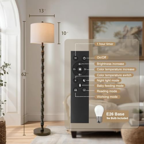 BOBOMOMO 62" Rustic Farmhouse Floor Lamp Dark Brown with Remote & Dimmable 9W Bulb, 3 Color Temperatures Resin Standing Lamp, Retro Tall Lamp for Living Room, Bedroom, Nursery, Office, Reading Nook - Image 3