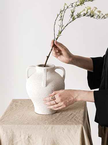 White Textured Ceramic Vase with 4 Handles, 8.8 Inch Flower Vase - Image 4