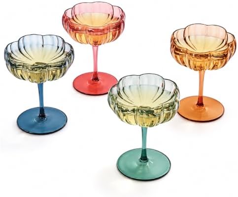 Khen Flower Modern Wavy Glass Coupes Martini, Champagne & Cocktail Coupes - Set of 4-7.7 oz Colorful Cocktail Glasses for Champagne, Prosecco, Mimosa - Copyright Design - Muted Pastel Colors by Khen