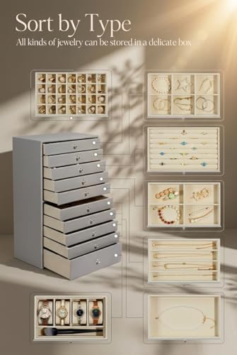 GUKA Large Jewelry Box, Jewelry Case with 10 Drawers for Big and Small Jewelry, Jewelry Storage Organizer for Watch Earrings Necklace Rings Bracelets, Birthday Wedding Gifts, Grey - Image 3