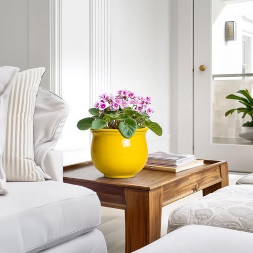 Ceramic Self Watering Planters, 6 Inch African Violet Pots for Indoor Outdoor Plants, Ceramic Plant Pot with Absorbent Inner Pot, Round Flower Pots, Living Room Decor, Gifts for Women, Yellow - Image 6