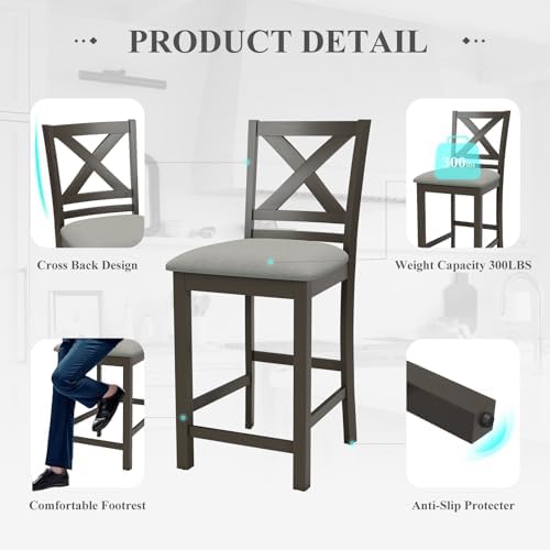 COLAMY Bar Stools Set of 2, Counter Height Bar Stools, Mid Century Modern Barstools with Back, Wood Barstools for Kitchen Dining Room Bar, Dark Grey - Image 5