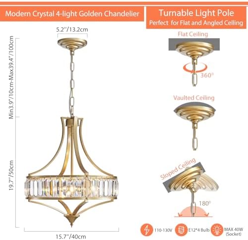 Modern Gold Crystal Chandeliers for Dining Room Pendant 4-Light Rustic Farmhouse Chandelier with Round Metal Lampshade for Living Room Kitchen Island Hallway Bedroom Foyer - Image 2
