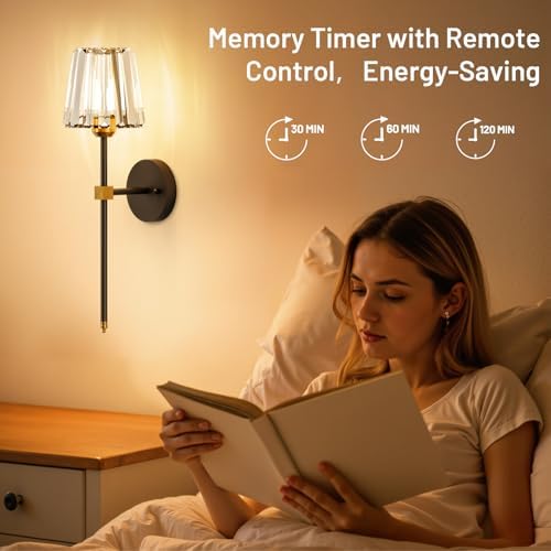 Crystal Battery Operated Wall Sconces Set of 2, Black and Gold Rechargeable Wireless Wall Lights with Crystal Lampshade, 12 RGB and 3CCT Dimmable Wall Lamps with Remote for Bedroom Living Room Hallway - Image 4