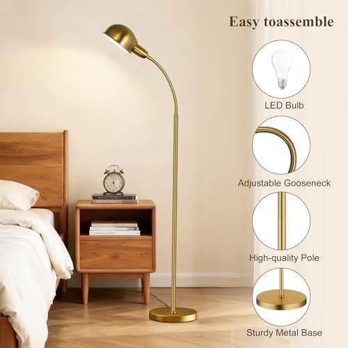 Floor Lamp for Living Room, 63" Standing Lamp with Adjustable Gooseneck, 3 Color Temperatures, Industrial Gold Floor Lamp Reading for Bedroom, Office, 9W LED Bulb - Image 6