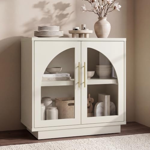 Fatmok Arched Glass Sideboard Buffet Accent Cabinet, 31.5" Display Credenza with Adjustable Shelf,1-Piece Modular Coffee Station Storage for Kitchen Living Room Bedroom, Beige(Not White) by Fatmok