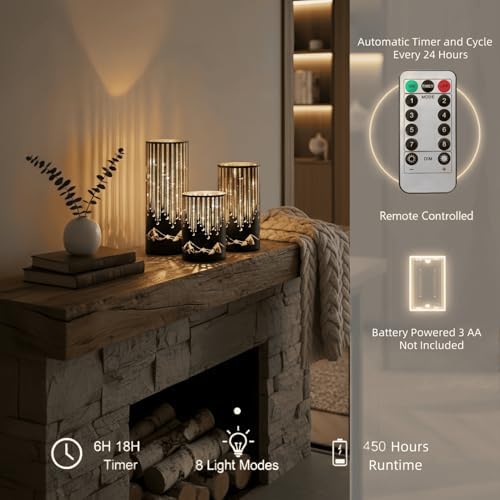 Starry Night Elegant Hurricane Candleholders with LED Flickering Lights & Remote Timer, Decorative Glass Hurricanes for Indoor Table Centerpieces & Year-Round Home Decor, Set of 3 (Black) - Image 4