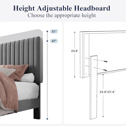 Allewie Full Bed Frame, Velvet Upholstered Platform Bed with Adjustable Vertical Channel Tufted Headboard, Mattress Foundation with Strong Wooden Slats, Box Spring Optional, Easy Assembly, Grey - Image 6