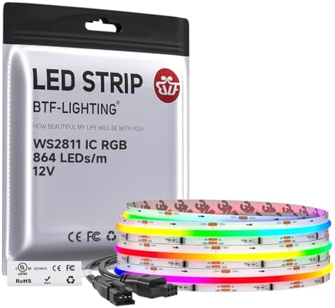 BTF-LIGHTING RGB WS2811 Smart IC FCOB COB LED Strip, UL Listed 864LEDs/m High Density Color Chasing Uniform Light, DC12V 9.8FT 12mm Width Tape Light for Home Party DIY Decor(No Adapter or Controller) by BTF-LIGHTING