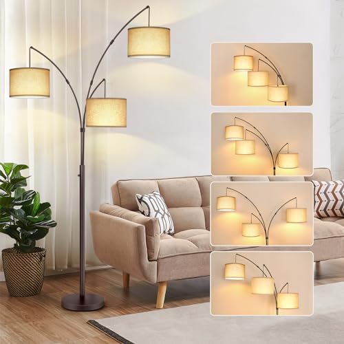 OUTON Tall Arc Floor Lamp - Adjustable, Modern, 3-Light Arched Lamp for Bedroom, Office, and Living Room, 2400lm Mid Century Design with 3 Energy-Efficient LED Bulbs Included, Beige Lampshade by OUTON